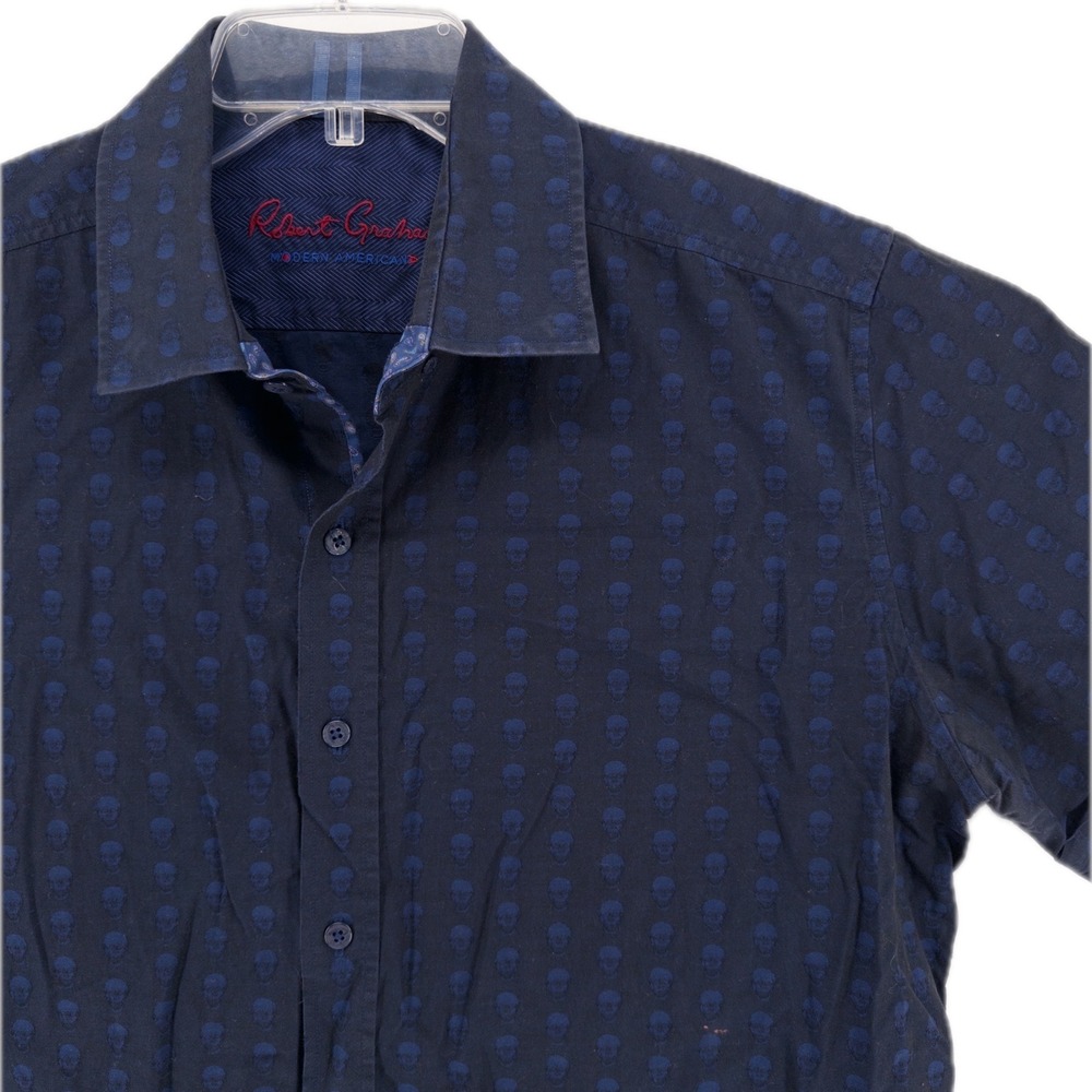 Robert Graham Mens XL Skull All Over Print Short Sleeve Button Down Shirt Blue